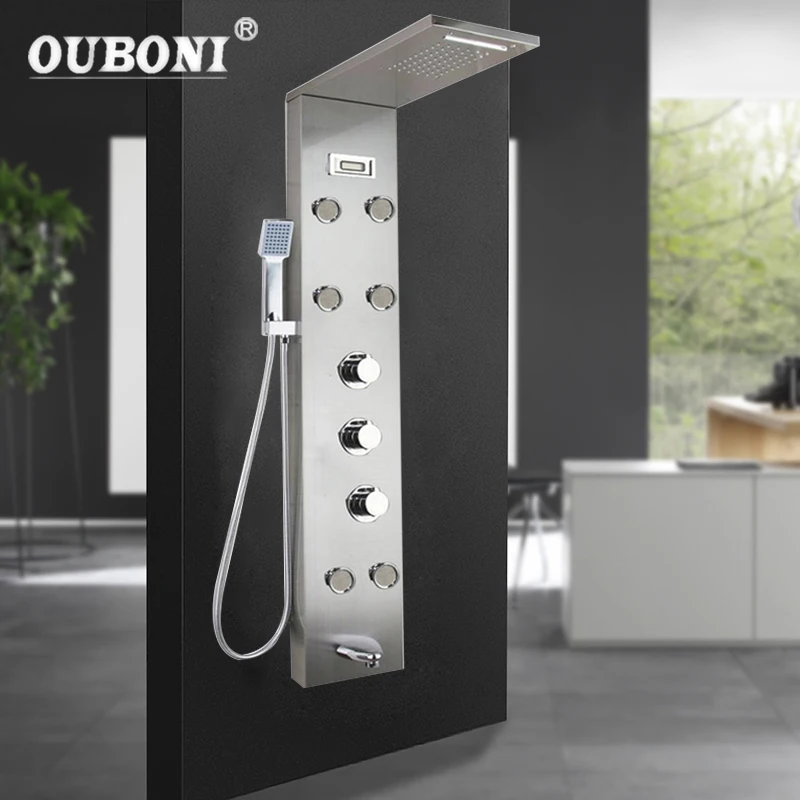 

OUBONI Nickel Brushed Digital Display Shower Panel Column Rain Waterfall Shower Spa Jets Bath Shower Mixer Faucet Golden Black