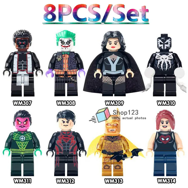 

Building Blocks 8pcs/lot Spider Man Joker Zatanna Marval Super Heroes Justice League Comics Batman Children Gifts Toys WM6002