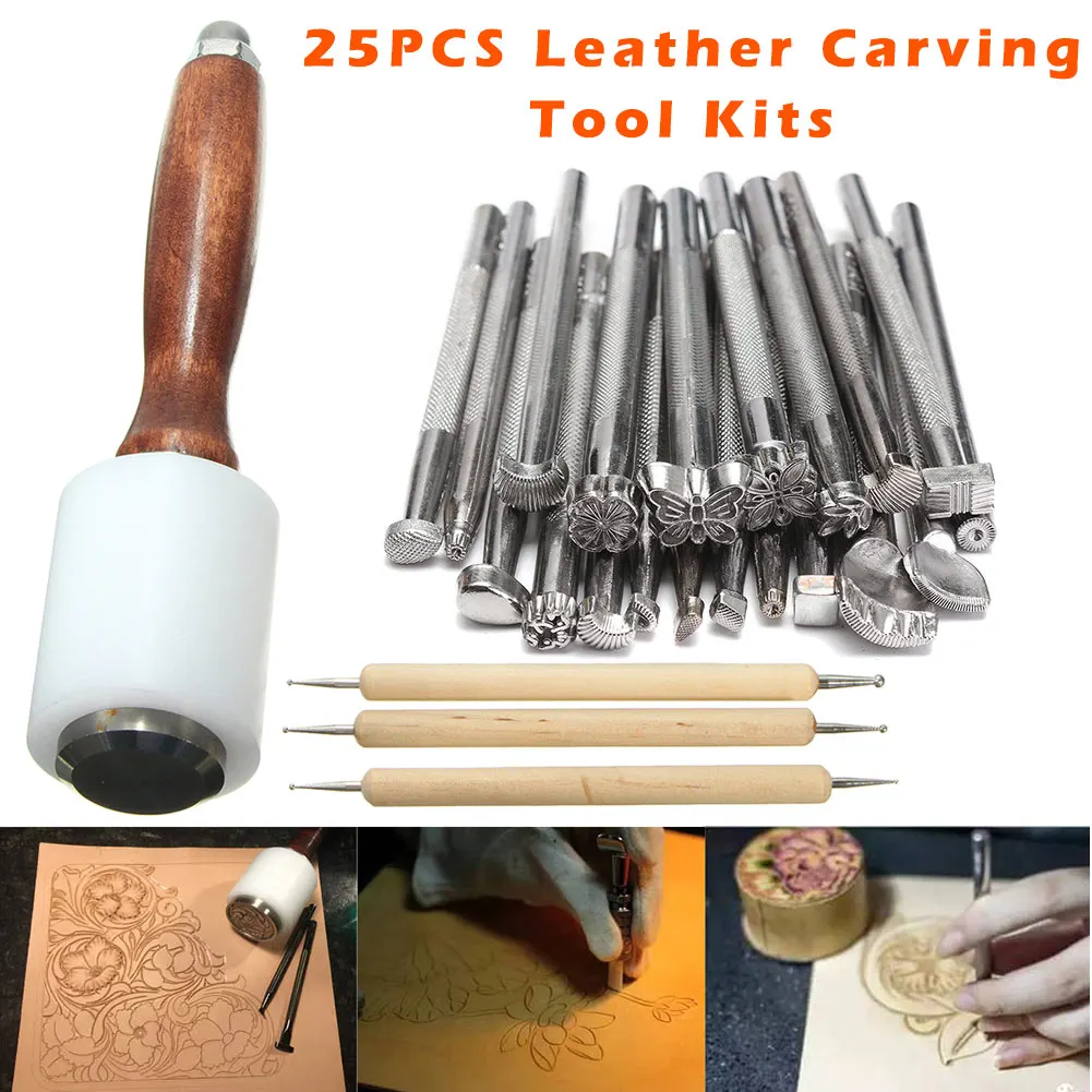 

Hot Sale 25Pcs/Set Manual Leather Craft Stamping Carved Wooden Hammer Embossing Tools Kit TY