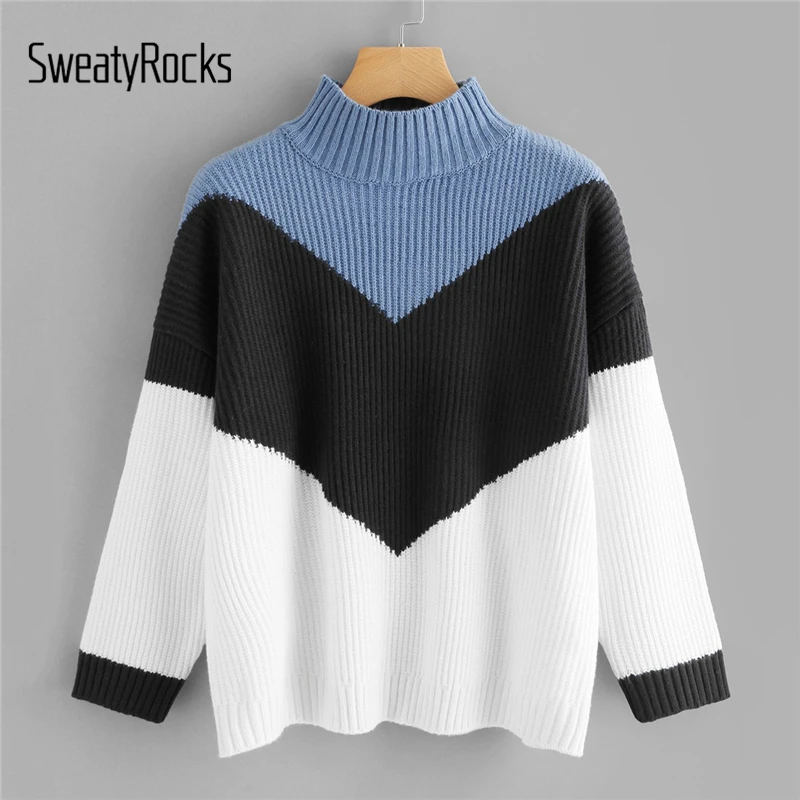 

SweatyRocks Cut And Sew Chevron Pattern Jumper Women Sweater Long Sleeve Knit Winter Clothes 2018 Womens Sweaters And Pullovers