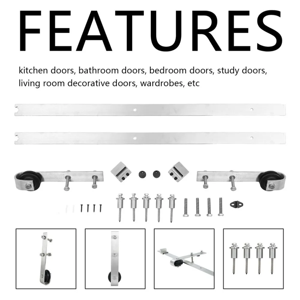 

Track Rail Set Space-Saving Flat Rail Wheel Kit 6FT/1.83M Modern Stainless Steel Sliding Barn Wood Door Sliding Track
