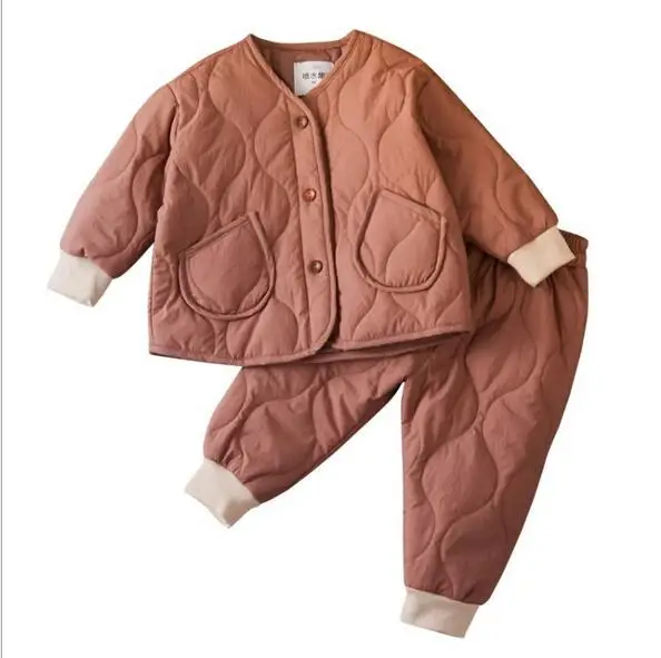 Коллекция года, зимний комплект теплой толстой одежды для маленьких мальчиков и девочек, 2 предмета, хлопковое пальто, куртка, верхняя одежда+ штаны, детский однотонный костюм в японском стиле