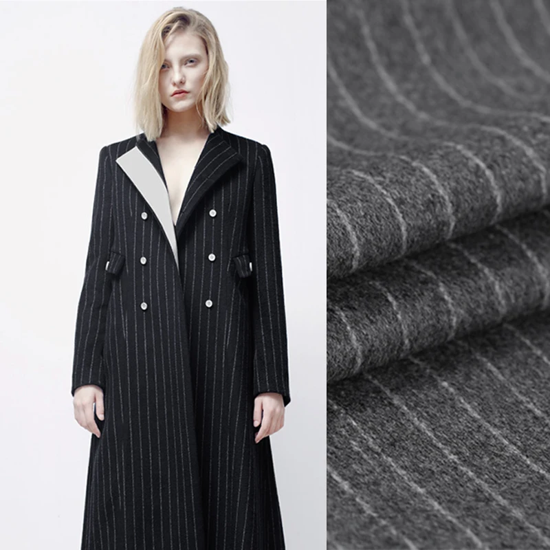 

150CM Wide 850G/M Double Faced Thick Dark Navy Gray Stripe Wool Fabric for Autumn and Winter Outwear Overcoat DE498