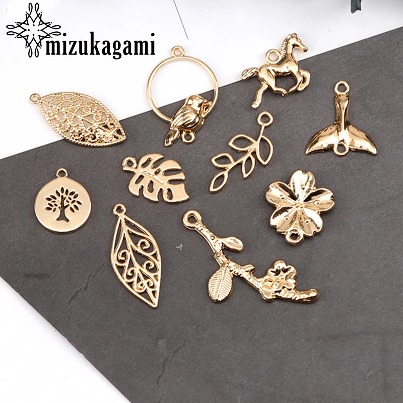 

10pcs/lot Zinc Alloy Charms Hollow Leaves Fish Tail Horse Flowers Charms Pendant For DIY Jewelry Making Accessories