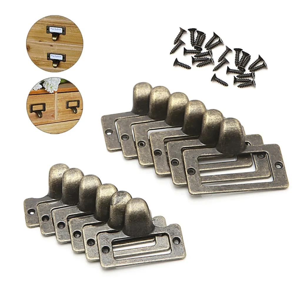 6x Handle File Name Card Label Holder Antique Brass Drawer Pull
