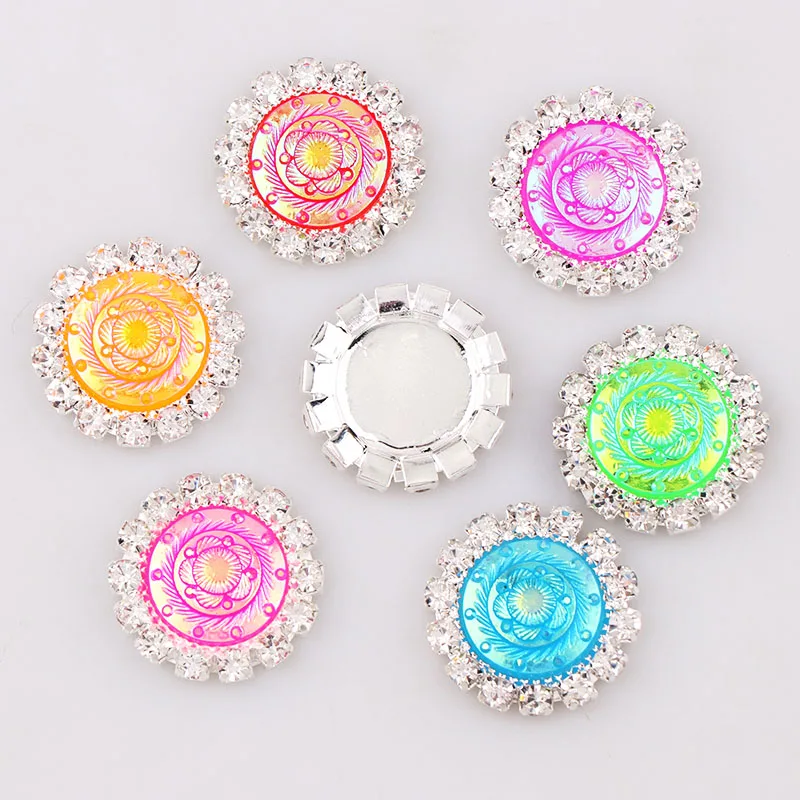 

10pcs 18mm Mixed AB Color Resin Round Flower Flatback Silver Metal Rhinestone Cabochon Base Cameo Setting DIY Jewelry Charms