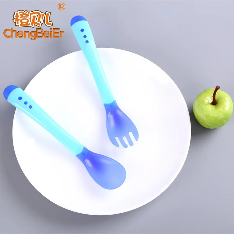 Soft head anti-scalding training spoon fork two sets of newborn temperature sensitive color spoon baby food supplement spoon bab