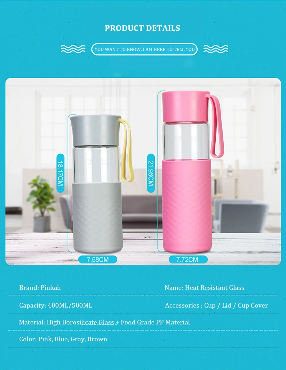 Pinkah Sport Glass Water Bottle With Protective Bag 400500ML Anti-Heat&Cold Protein Shaker High Borosilicate Glass Student Cup  (1)