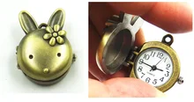 New Small Bronze POCKET WATCH Woman CUTE TINY RABBIT Flowers chain necklace Women steampunk Vintage Jewelry