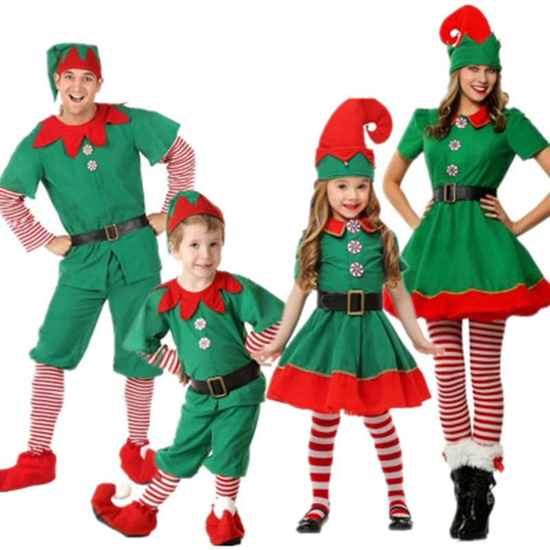

Women Men Boy Girls Fancy Christmas Elf Unisex Kids Adults Family Green Elf Cosplay Costumes Carnival Party Supplies Purim Gifts