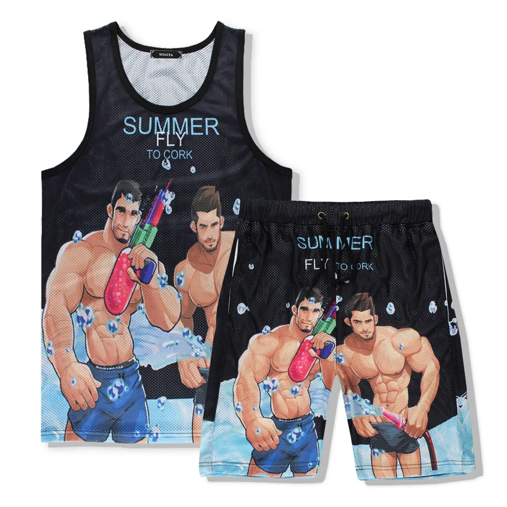 Brand Clothing New Fashion Track Suit For Men Tank Top 2pcs Shorts Sets 3D Print Letter Sleeveless T shirt Mesh Vest summer set