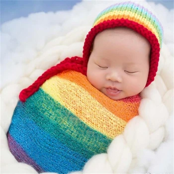 

Colorful Rainbow Knitting Hat Newborn Baby Photography Props Flower Cap Baby Girl Handmade Crochet Costume Newborn Photography