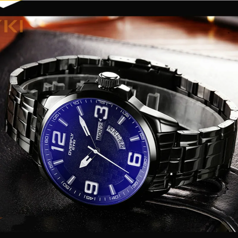 

EYKI Full Stainless Steel Luxury Brand Men Waterproof Fashion Casual Wristwatches Quartz Blue Coated Dial Military Sports Watch