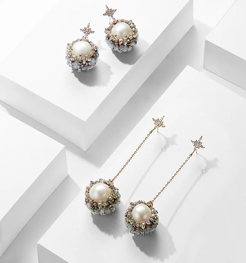 

Korean temperament long pure handmade Pearl crystal silver pin ear nail Super fairy earrings female new payer fish ear ornaments
