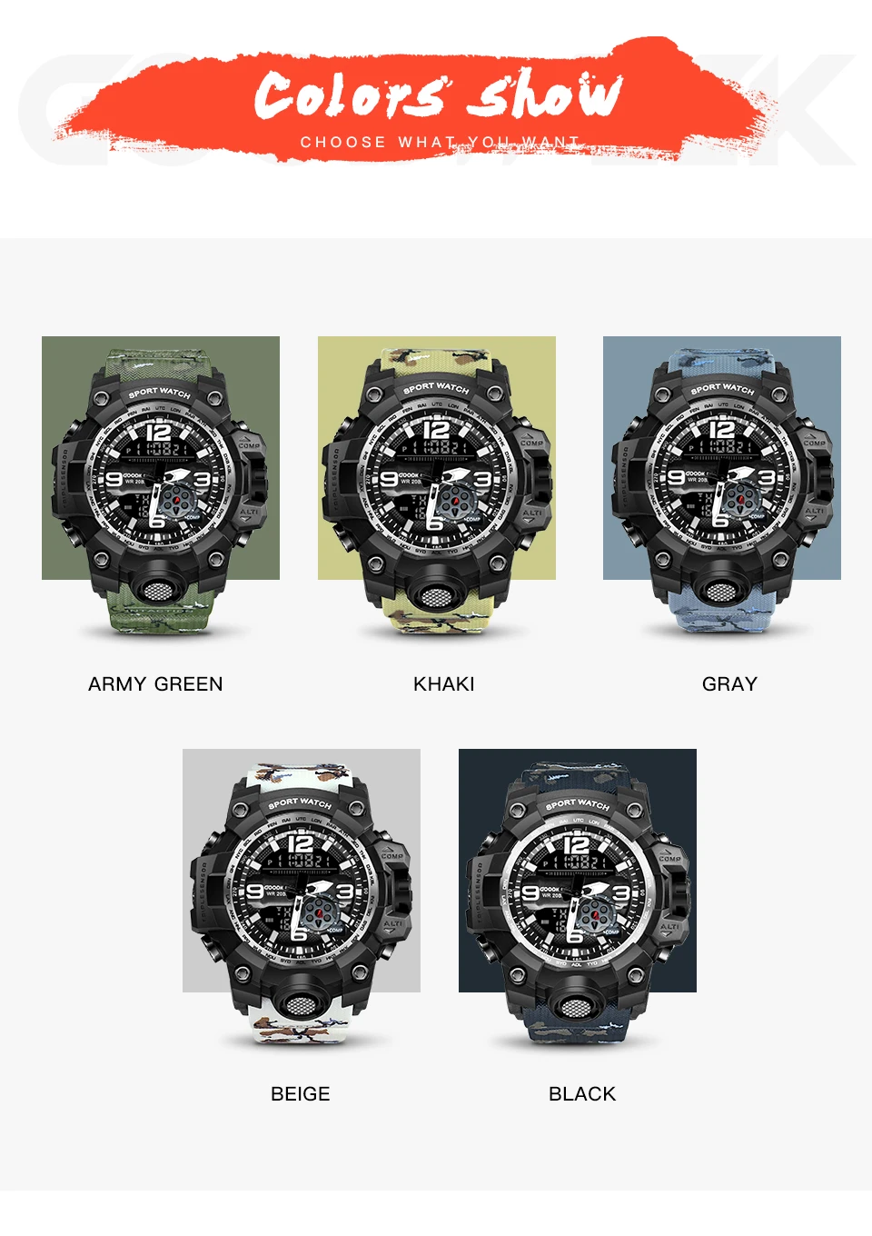 GOODWEEK мужские спортивные часы Камуфляж Армейская военная форма водонепроницаемые часы с двойным дисплеем Shock Resitant Relogios Masculino