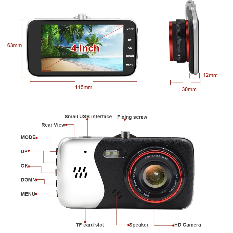 Topsource 4 &quotАвтомобильный Dvr камера двойной объектив Full HD 1080 P с заднего вида