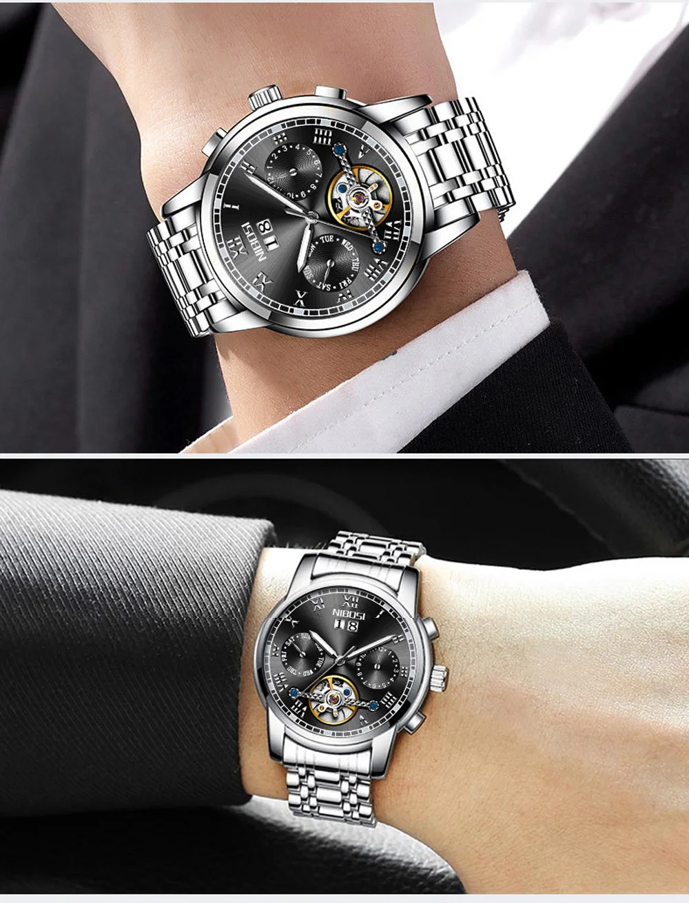 NIBOSI Skeleton Automatic Mechanical Watches For Men Full Steel Strap Clock Luminous Luxury Watch Men's Relogio Masculino (18)