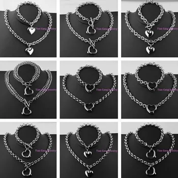 

High Quality Trendy Women Ladies 316L Stainless Steel Silver Color Heart Chain Link 18" necklace& 8" bracelet Jewelry Sett