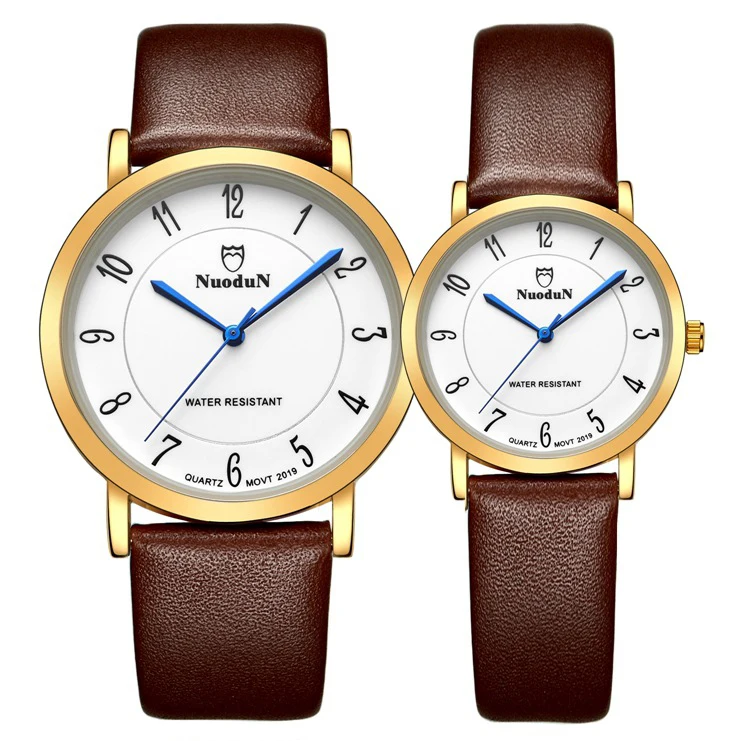 Брендовые простые часы для мужчин и женщин Nuodun модные повседневные кварцевые часы Пара наручные часы водонепроницаемые часы кожаный ремешок мужской Relogio
