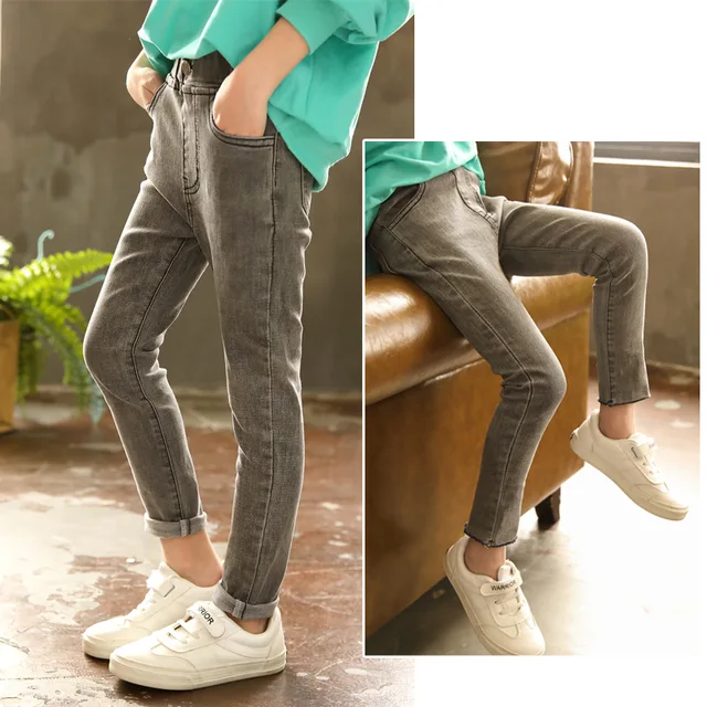 Teenage Girls Jeans Grey Pencil Pants Elastic Waist 10 12 Years Baby Girls Trousers Jeans for