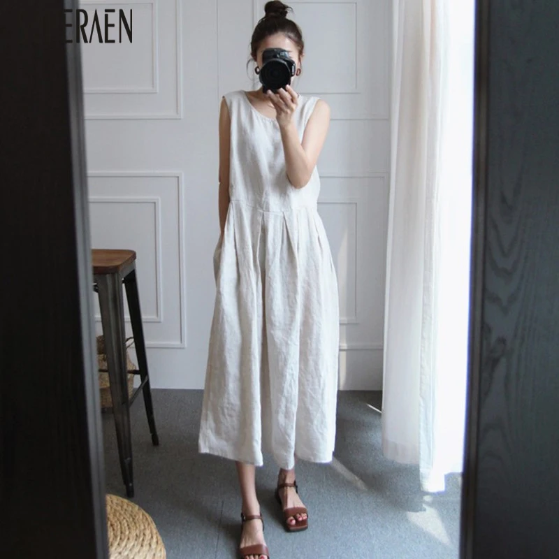 

SuperAen Sleeveless Dress Women 2019 Summer New Korean Style Loose Ladies Dress Pluz Size Cotton and Linen Women Clothing