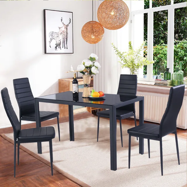 Goplus 5 Stuk Keuken Eetkamer Set Glas Metalen Tafel en 4 Stoelen ... Goplus 5 Stuk Keuken Eetkamer Set Glas Metalen Tafel en 4 Stoelen ...