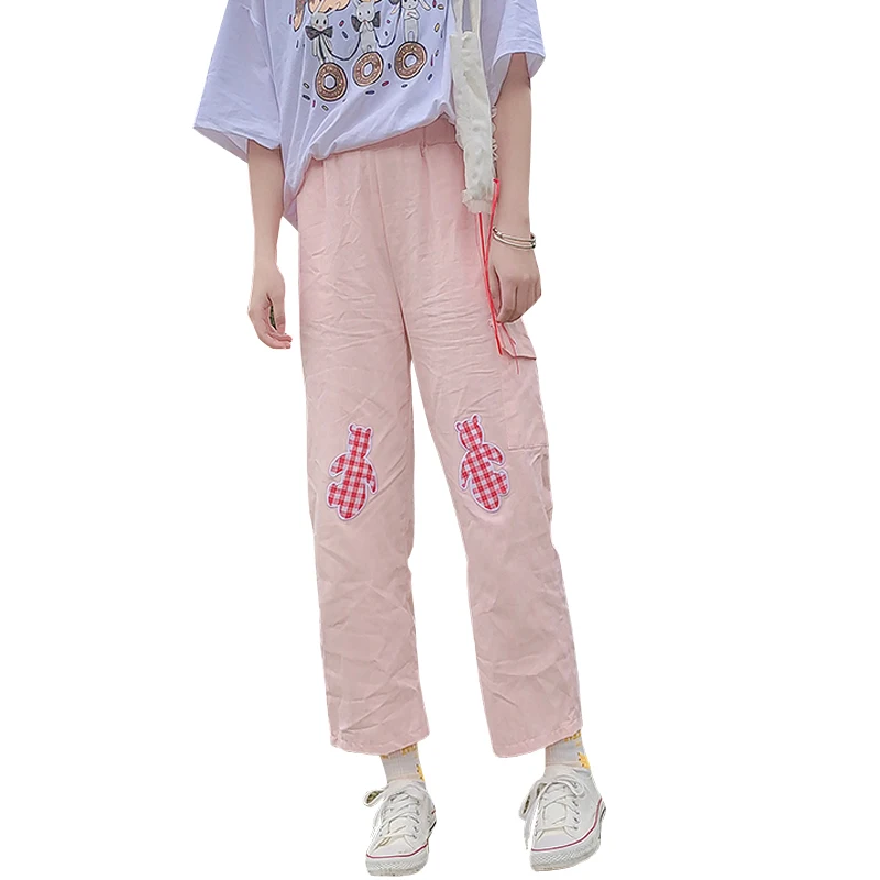 

Women's Clothing Japan kawaii Cartoon Appliuqs loose Straight pants Spring Autumn Sweet women pants ulzzang New hipster Capris