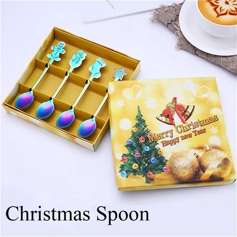 

4 pcs/set Christmas Coffee Spoons Stainless Steel Coffee Spoon For Kid Drinking Tea Spoon Christmas Tableware gifts multicolor