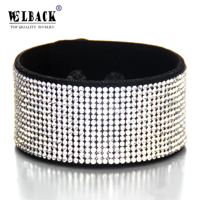 

Welback New Fashion Jewelry Leather Trendy Crystal Alloy Rhinestone Wide Warp Euramerican Casual Classic Bracelets For Women