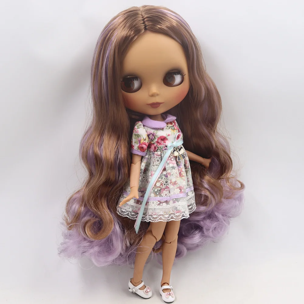 

ICY Nude Blyth doll No.BL9158/1049 Brown mix Purple hair without bangs JOINT body Black skin Matte face 1/6 BJD