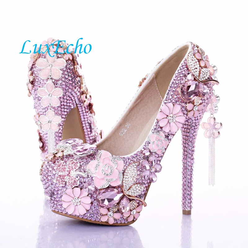 Fashion luxury Pink flower crystal shoes bridal ultra high heels shoes