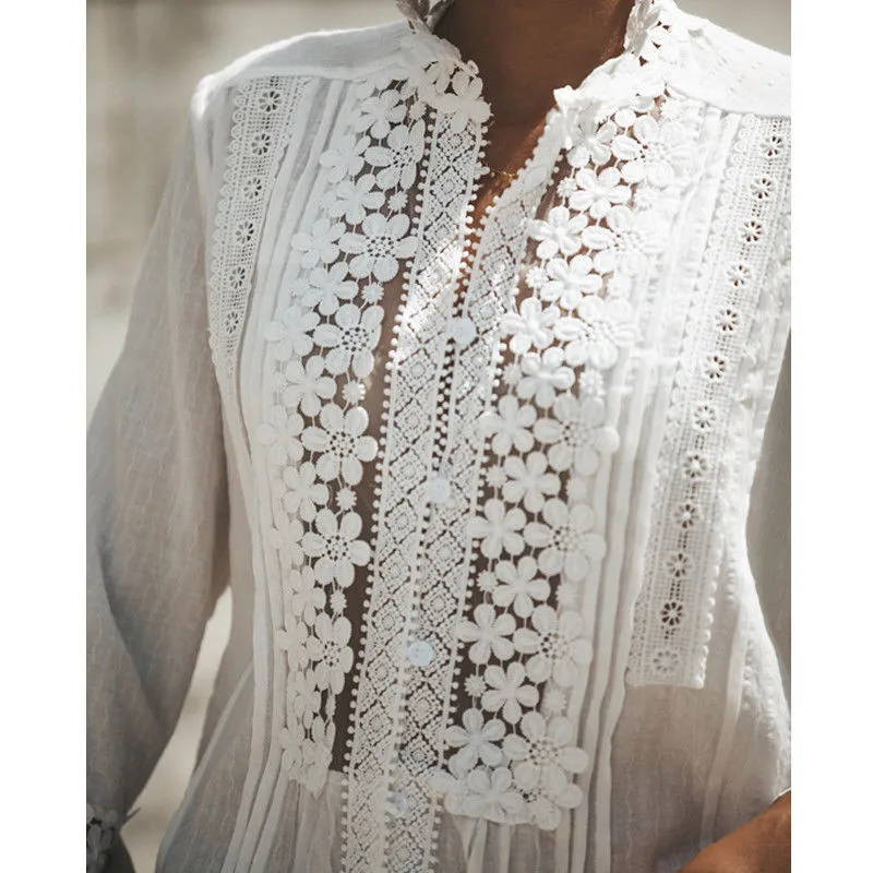 Женские богемные кружевные белые топы с длинным рукавом и цветочным рисунком, блузки, открытая пляжная элегантная рубашка harajuku femme, летняя одежда, топы для вечеринок W3