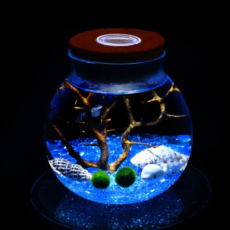 

11CM Round Glass Bottle Jar Terrarium With LED Light Cork Micro Landscape Ecological Bottle Tabletop Vase Seaweed Ball Bottle