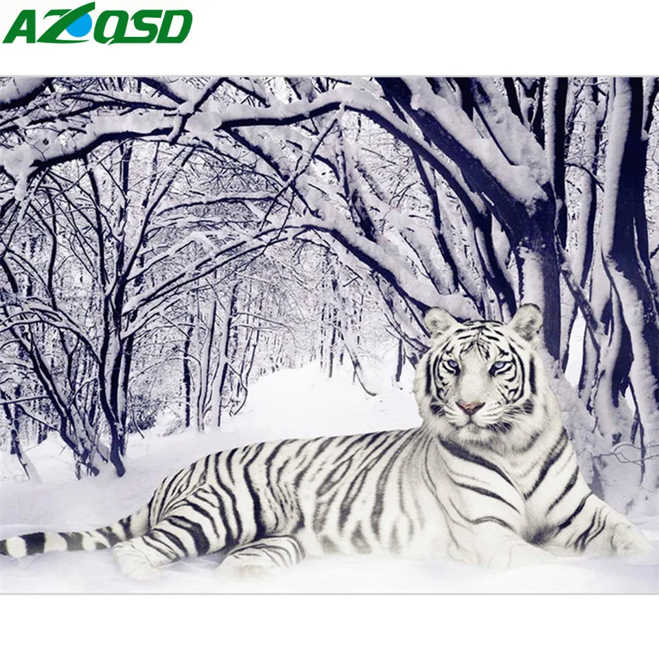 

AZQSD 5d Diamond Painting Full Drill Round Winter Diamond Embroidery Tiger Animal Picture Of Rhinestones Crystal Mosaic Gift