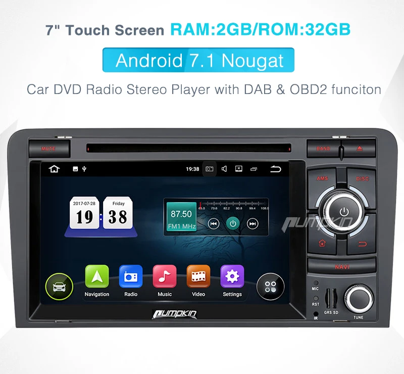 Sale Pumpkin 2 Din7" Android 7.1 Car Multimedia DVD Player For Audi A3 2003-2011 GPS Navigation Car Stereo Wifi FM Rds Radio Headunit 2