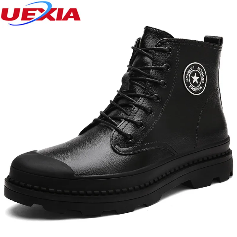

UEXIA Handmade Round Toe Motorcycle Anti-collision toes Ankle Short Martin Snow Boots Men Shoes Rubber Winter Fur Work High Top