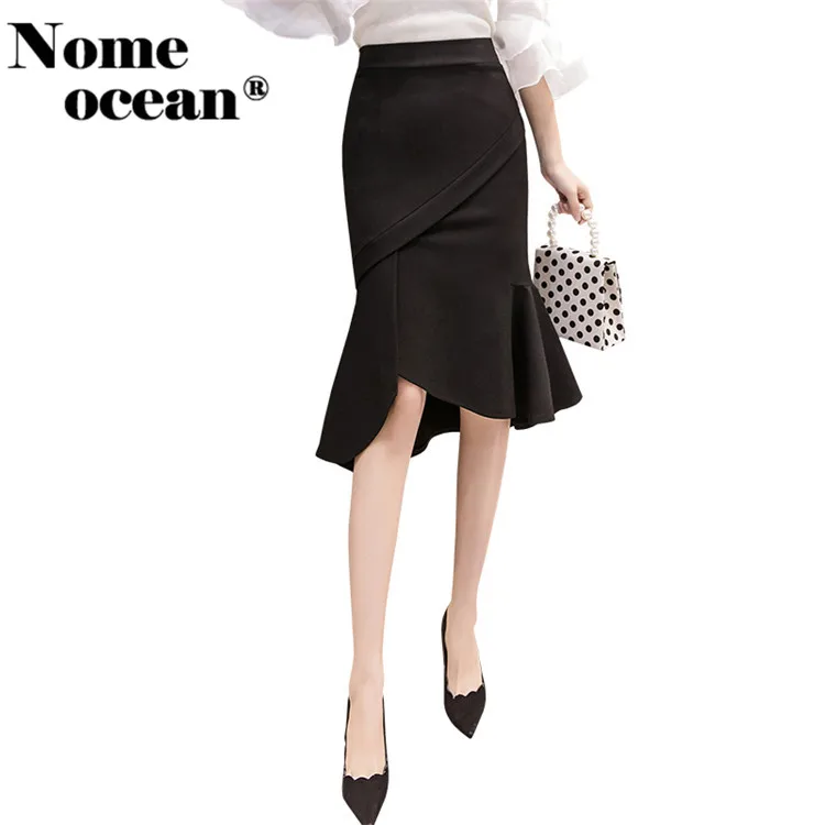 Sexy Mermaid Ruffle Midi Skirts for Women 2019 Summer Slit Office Lady Female Skirt Black S-XXL Plus Size OL M19032102 | Женская одежда