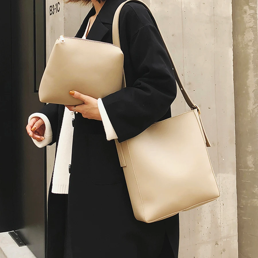  Fashion Pu Leather Composite Bags For Ladies Casual Solid Large Capacity Bucket Bags For Women Simp - 33036819367