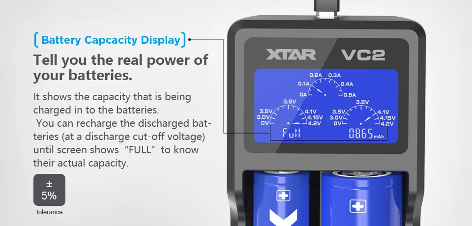 XTAR VC2 Зарядное устройство Универсальный ЖК-дисплей Экран Дисплей USB никель-металл-гидридный аккумулятор с никель-кадмиевый аккумулятор li-ion Батарея Зарядное устройство 18650 26650 20700 22650 18500 18700