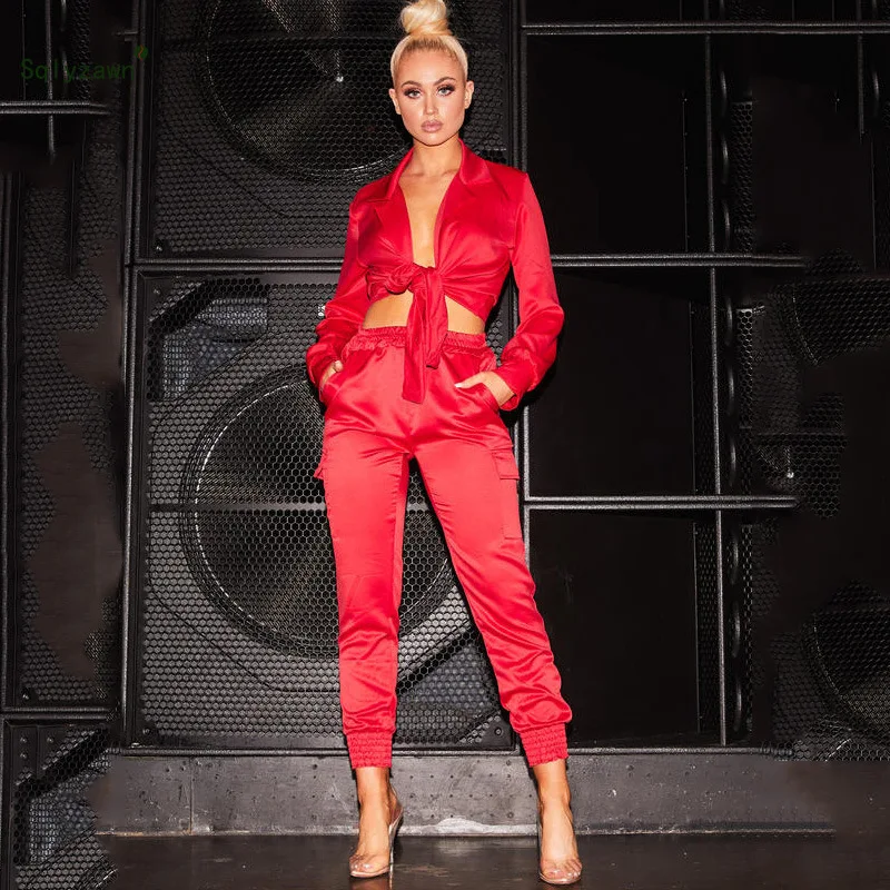 

Long Sleeve Shirt Women Suit Collar Silk Lady Set Large Size Fashion Sexy 2 Piece Set High Waist Skinny Pencil Pants Set Outfits