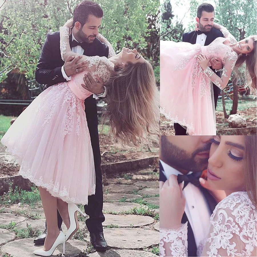 

Exquisite Tulle V-neck Neckline Tea-length Ball Gown Prom Dress With Lace Appliques Long Sleeves Pink Evening Gowns