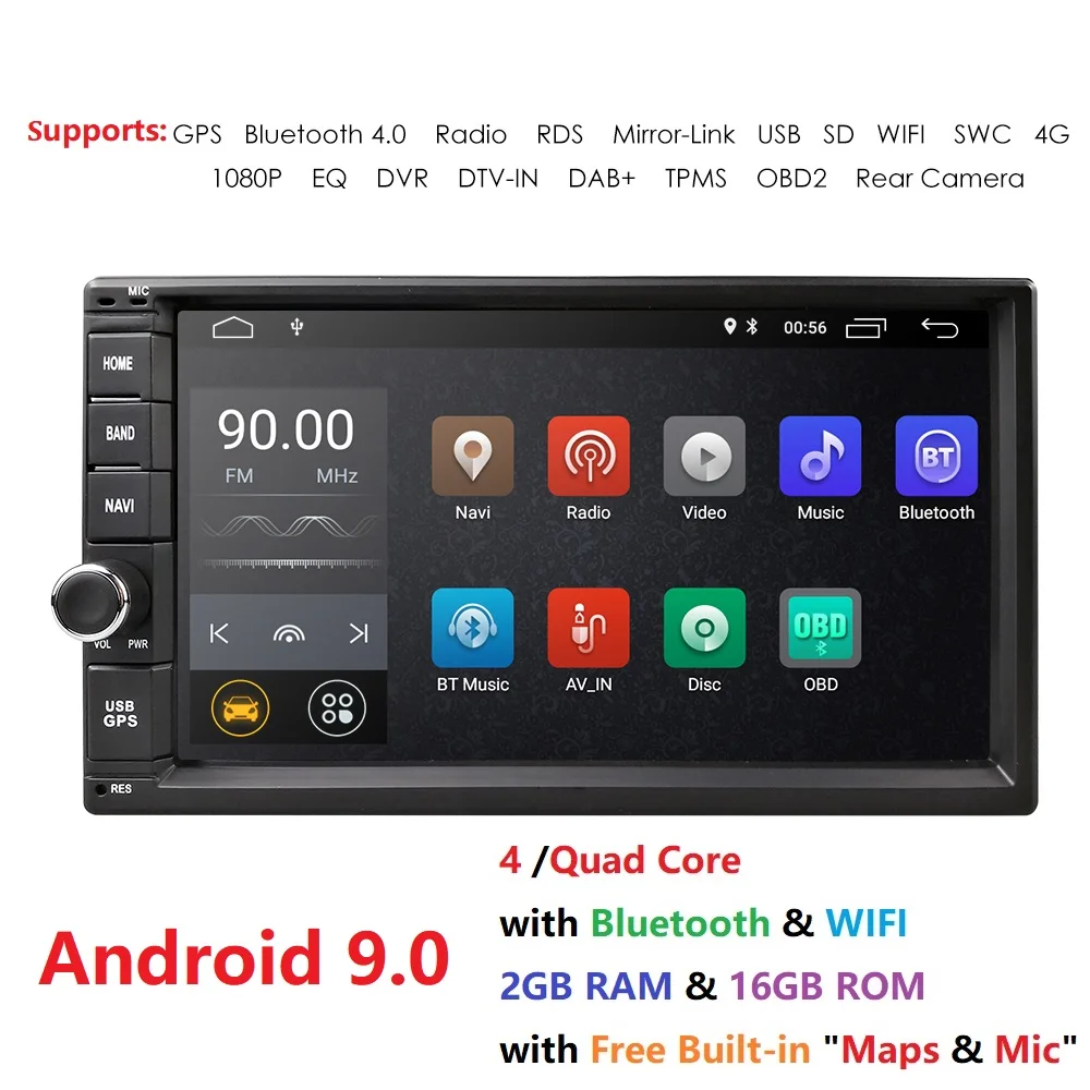 

2G RAM Android 9.0 Auto Radio Quad Core 7Inch 2DIN Universal Car NO DVD player GPS Stereo Audio Head unit Support DAB DVR OBD BT