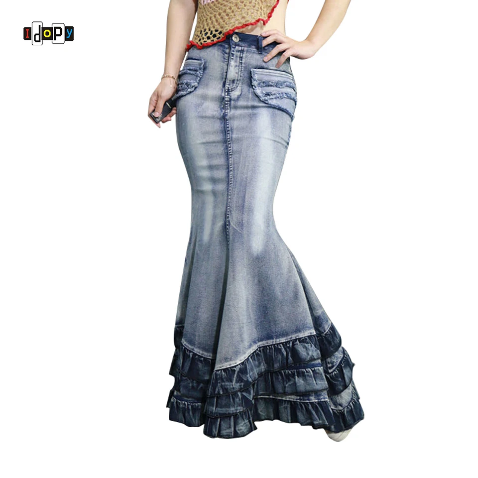 Idopy Women`s Long Denim Skirt High Waist Gradient Tassel Jeans Skirts