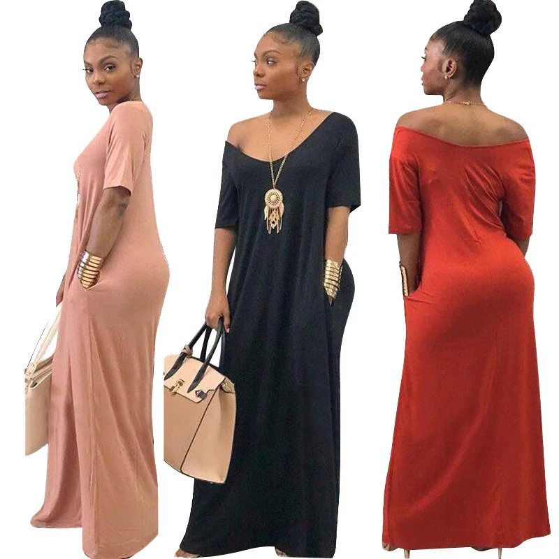 

Summer loose solid color loose shoulder round neck high waist short sleeve pocket casual large dress free shipping