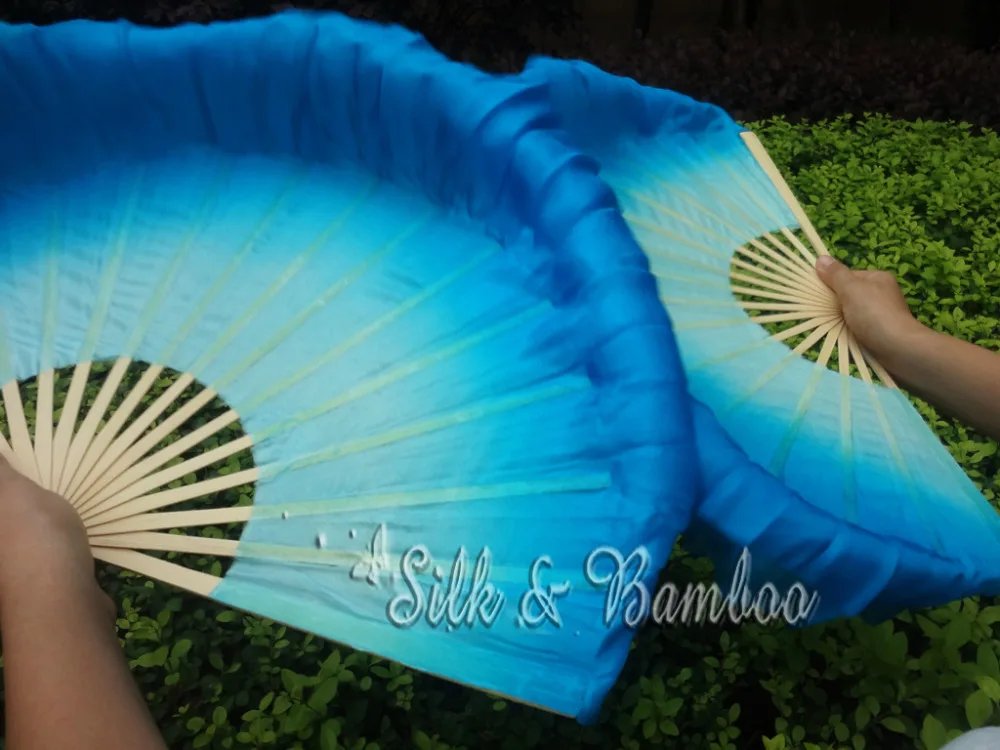 

light turquoise-turquoise, 1 pair 30cm bamboo+10cm Chinese dance silk fan(flutter), 2 layers real flowy silk!