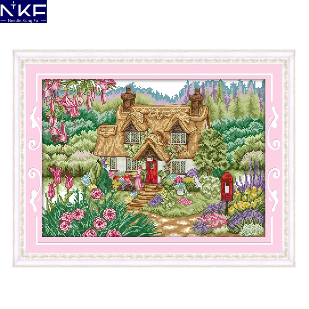 NKF Flower Cabin Scenery Pattern Needlework Cross Stitch Set Embroidery