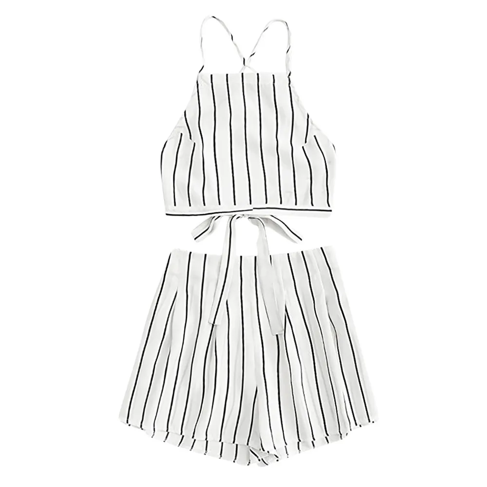 JAYCOSIN Women Set Clothes Sexy Stripe Two Piece Set Bandage Strap Crop Cami Top And Shorts Summer Matching Sets Black White