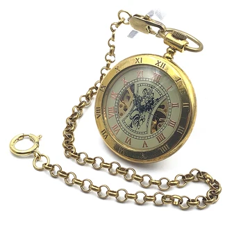 

Antique Style Copper Open Face Double Roman Number Skeleton Steampunk Mens Mechanical Pocket Watch w/Chain Nice Gift