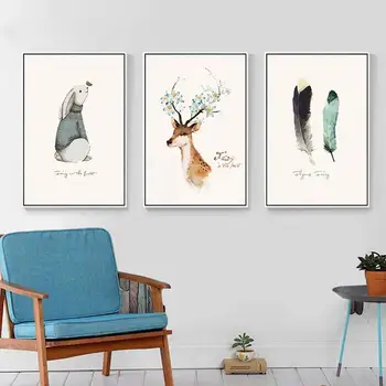 

Modern Elk Feathers rabbit Art Print wall Poster Canvas Painting wall pictures for living room Home Wall Decor Nordic