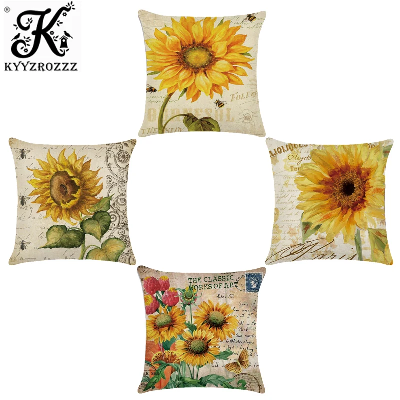 

Sunflower Flowers Linen Cushion Cover 45X45cm Pillow Case Home Decorative Pillows Cover For Sofa Car Cojines
